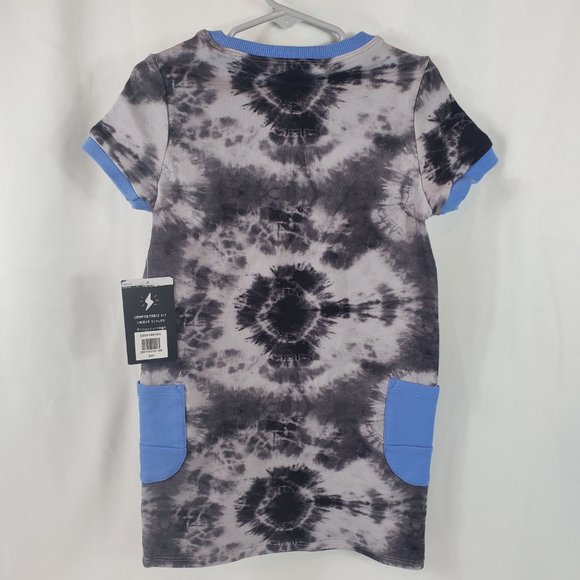 New, RAGS Black and Gray Short Sleeve Tie-Dyed Shift Dress with Blue Trim - Picture 5 of 8